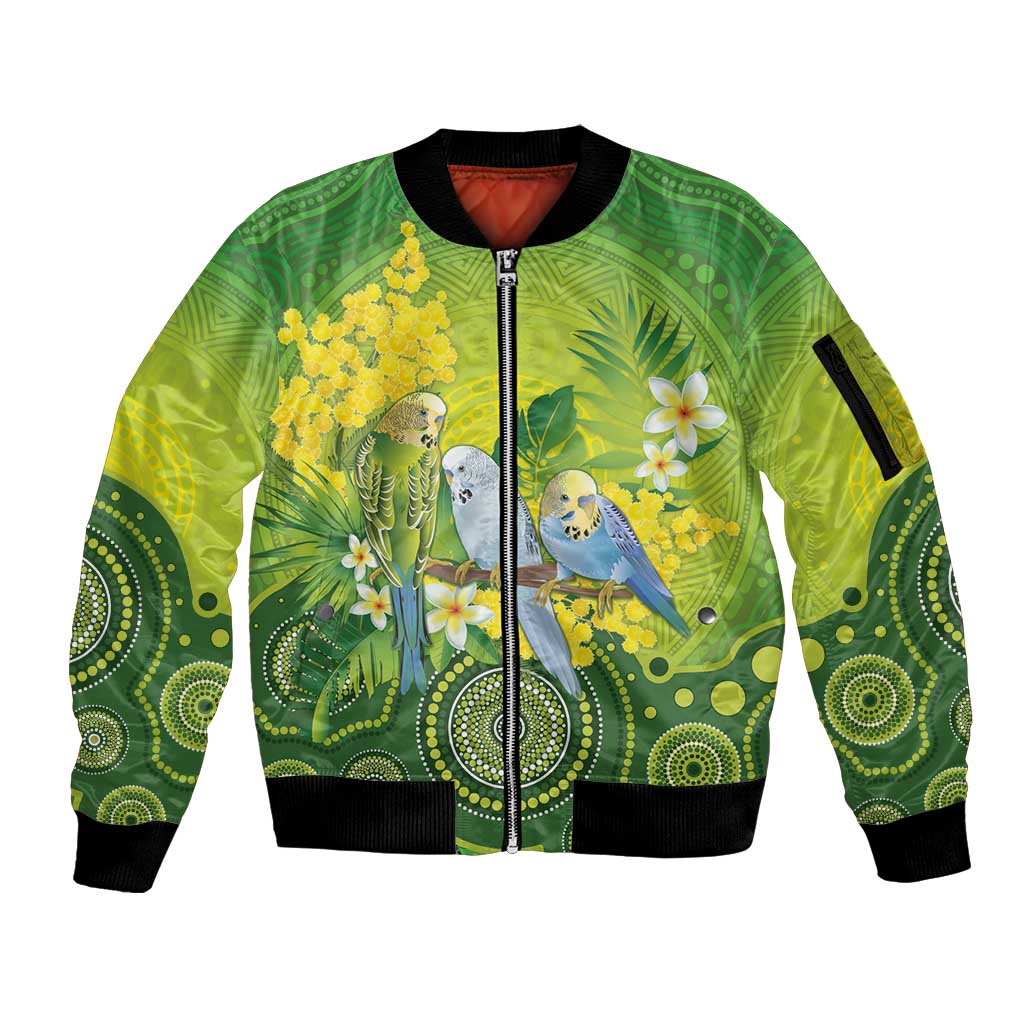 Personalised Budgerigar Australia and Golden Wattle Sleeve Zip Bomber Jacket Budgie Aboriginal Art