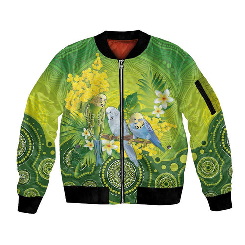 Personalised Budgerigar Australia and Golden Wattle Sleeve Zip Bomber Jacket Budgie Aboriginal Art