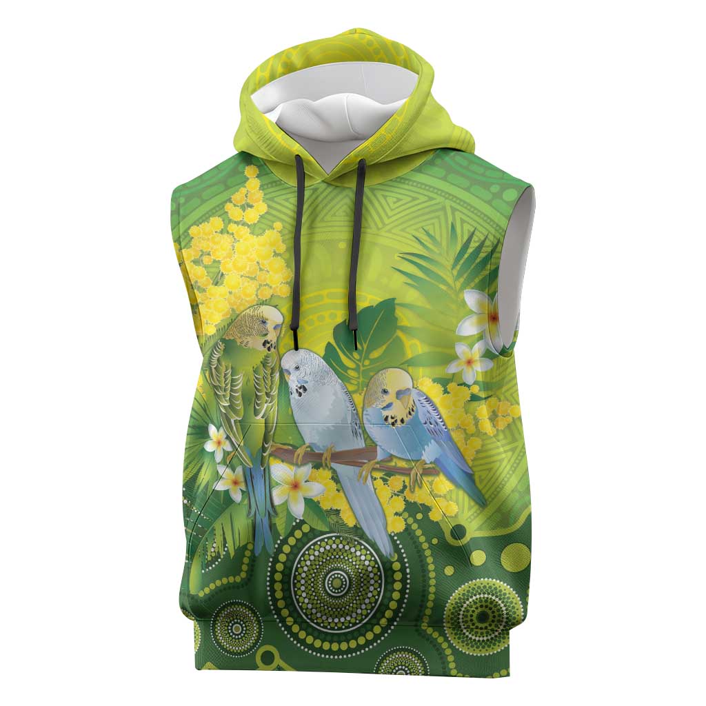 Personalised Budgerigar Australia and Golden Wattle Sleeveless Hoodie Budgie Aboriginal Art - Aussie Hoodie