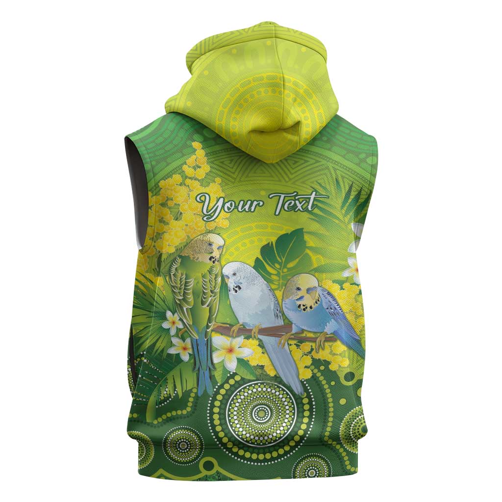 Personalised Budgerigar Australia and Golden Wattle Sleeveless Hoodie Budgie Aboriginal Art - Aussie Hoodie