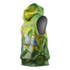 Personalised Budgerigar Australia and Golden Wattle Sleeveless Hoodie Budgie Aboriginal Art - Aussie Hoodie