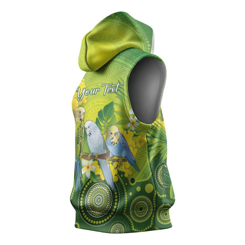Personalised Budgerigar Australia and Golden Wattle Sleeveless Hoodie Budgie Aboriginal Art - Aussie Hoodie