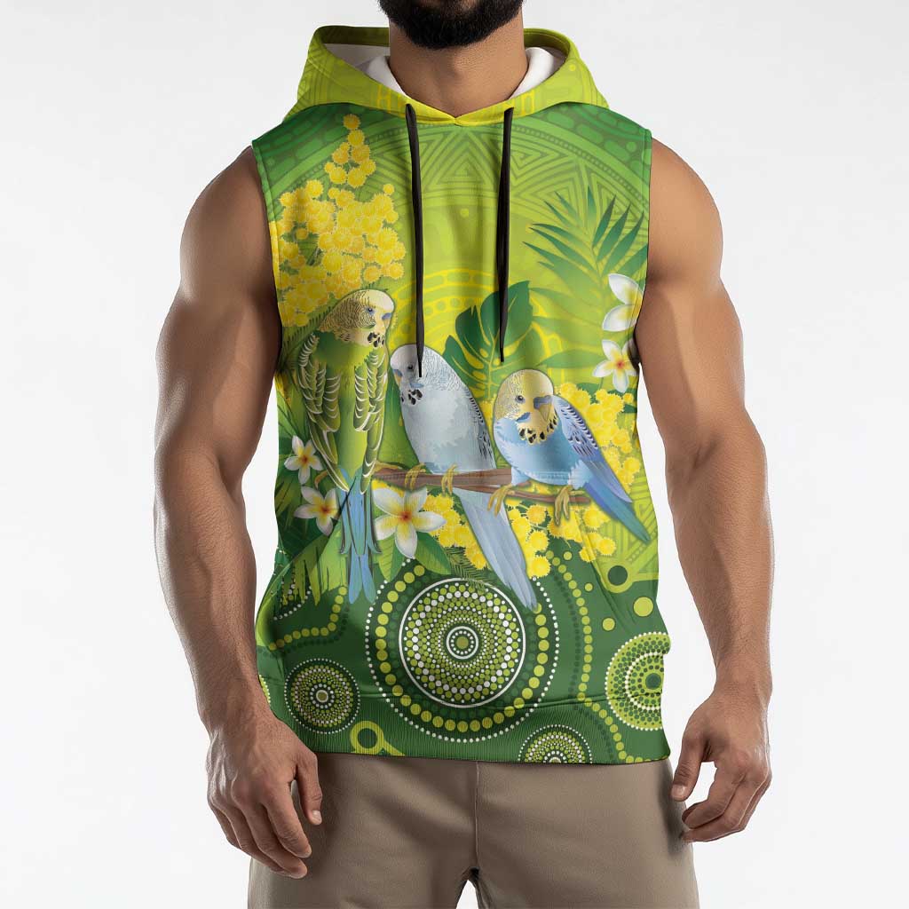 Personalised Budgerigar Australia and Golden Wattle Sleeveless Hoodie Budgie Aboriginal Art - Aussie Hoodie