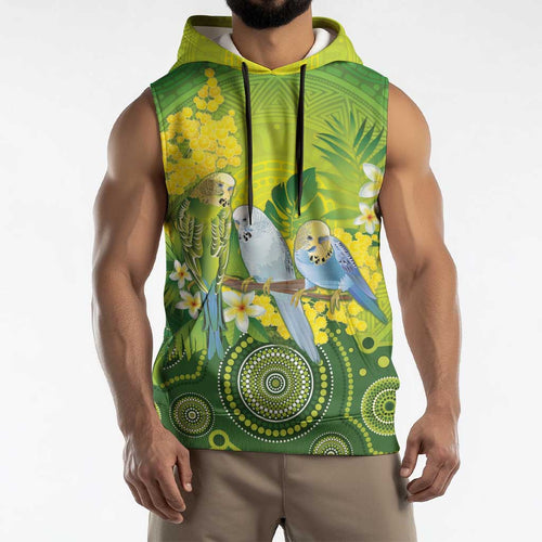 Personalised Budgerigar Australia and Golden Wattle Sleeveless Hoodie Budgie Aboriginal Art - Aussie Hoodie
