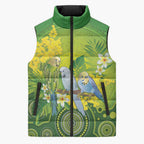 Personalised Budgerigar Australia and Golden Wattle Sleeveless Puffer Jacket Budgie Aboriginal Art - Aussie Hoodie