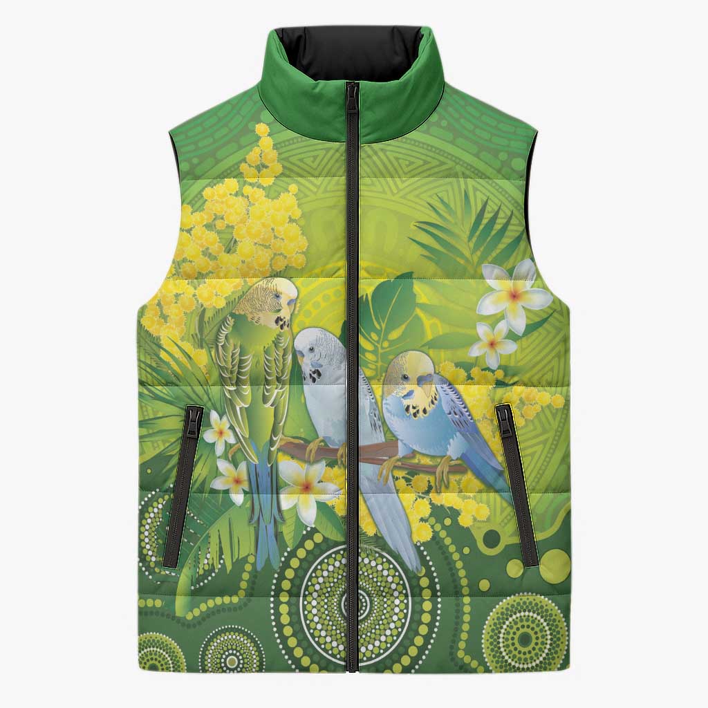 Personalised Budgerigar Australia and Golden Wattle Sleeveless Puffer Jacket Budgie Aboriginal Art - Aussie Hoodie