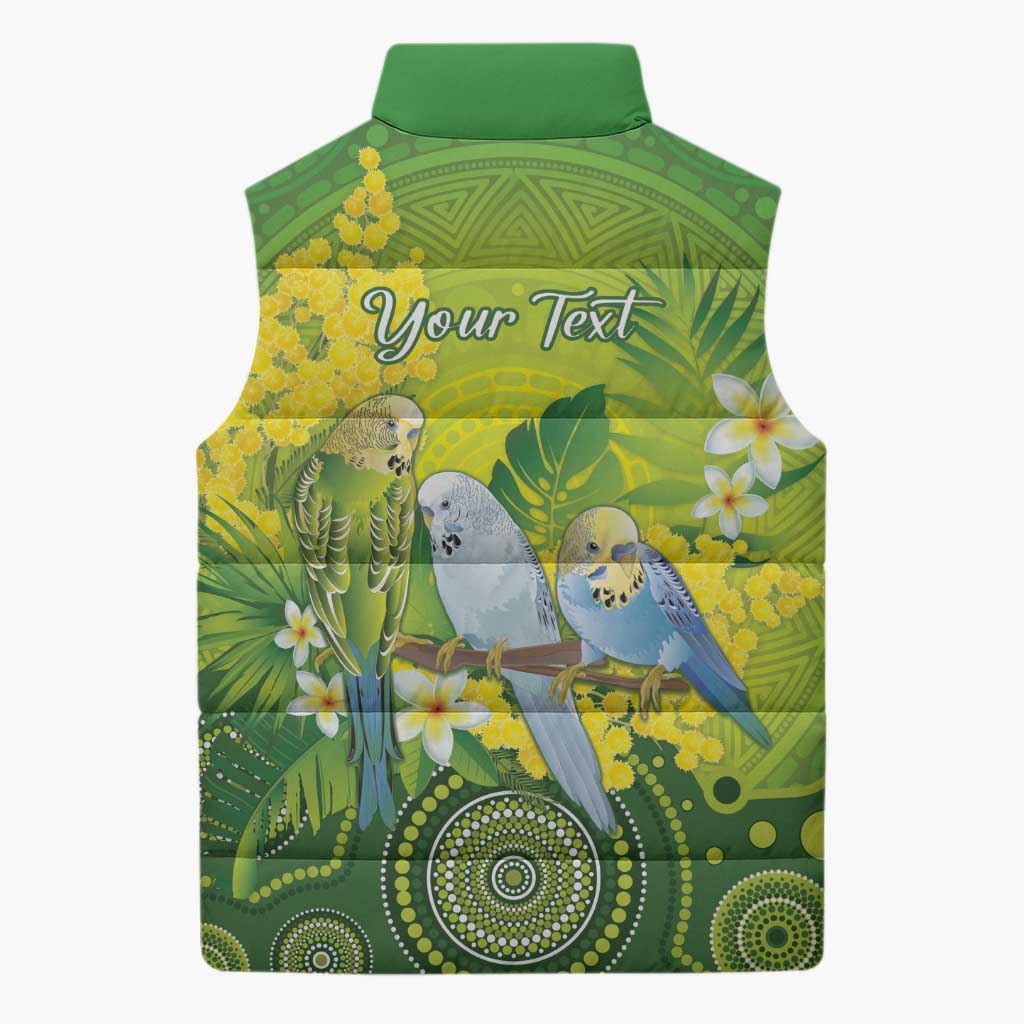 Personalised Budgerigar Australia and Golden Wattle Sleeveless Puffer Jacket Budgie Aboriginal Art - Aussie Hoodie