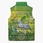 Personalised Budgerigar Australia and Golden Wattle Sleeveless Puffer Jacket Budgie Aboriginal Art - Aussie Hoodie