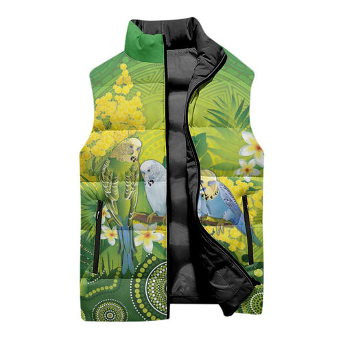 Personalised Budgerigar Australia and Golden Wattle Sleeveless Puffer Jacket Budgie Aboriginal Art - Aussie Hoodie