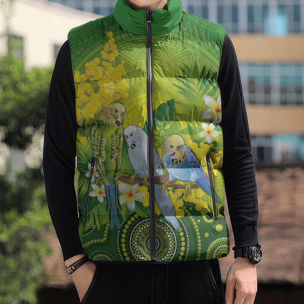Personalised Budgerigar Australia and Golden Wattle Sleeveless Puffer Jacket Budgie Aboriginal Art - Aussie Hoodie