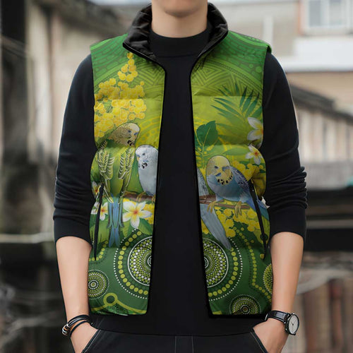 Personalised Budgerigar Australia and Golden Wattle Sleeveless Puffer Jacket Budgie Aboriginal Art - Aussie Hoodie