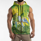 Personalised Budgerigar Australia and Golden Wattle Sleeveless Zip Hoodie Budgie Aboriginal Art LT14