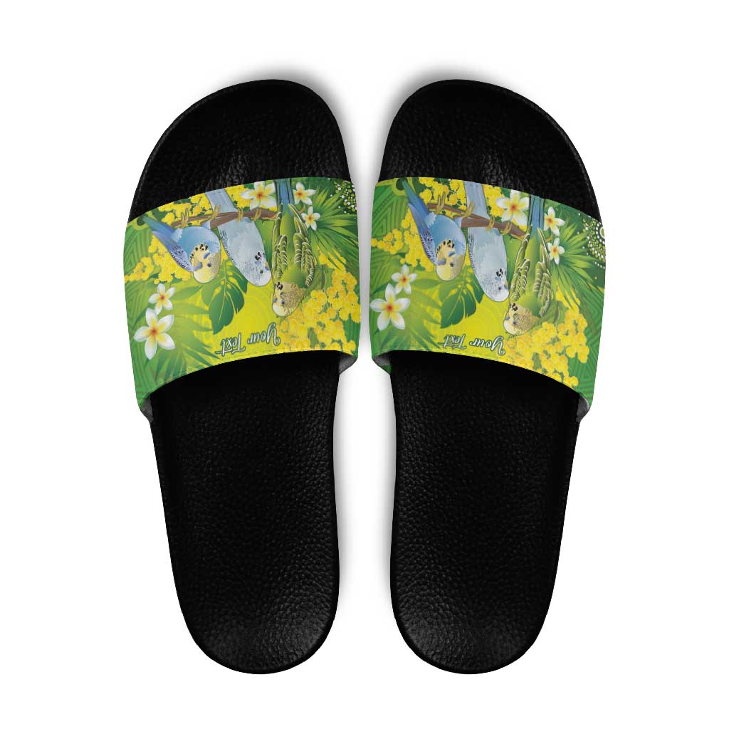 Personalised Budgerigar Australia and Golden Wattle Slide Sandals Budgie Aboriginal Art - Aussie Hoodie