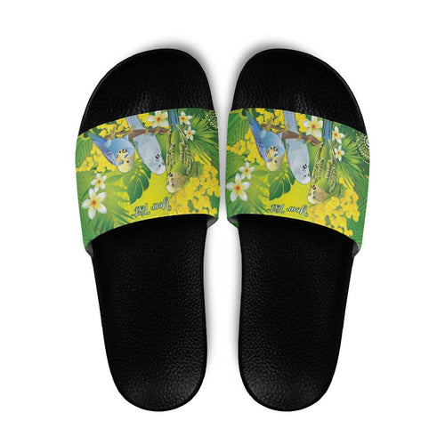 Personalised Budgerigar Australia and Golden Wattle Slide Sandals Budgie Aboriginal Art - Aussie Hoodie