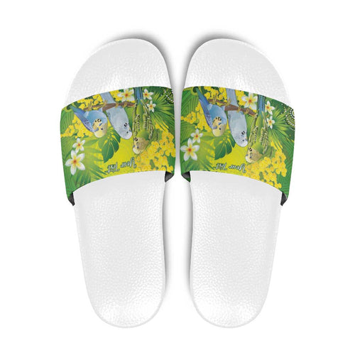 Personalised Budgerigar Australia and Golden Wattle Slide Sandals Budgie Aboriginal Art - Aussie Hoodie