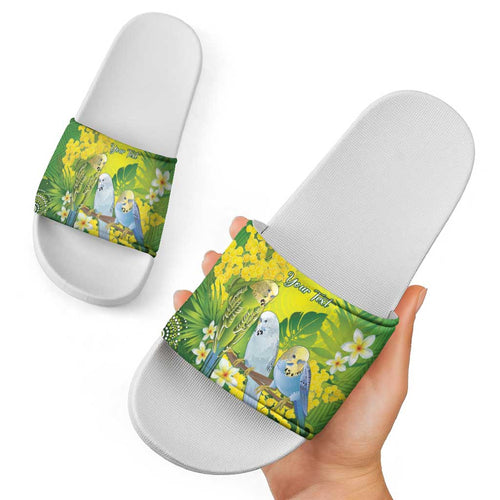 Personalised Budgerigar Australia and Golden Wattle Slide Sandals Budgie Aboriginal Art - Aussie Hoodie