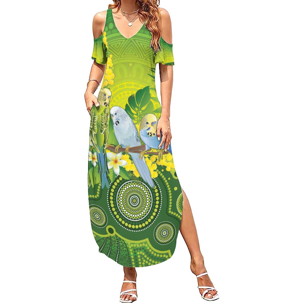 Personalised Budgerigar Australia and Golden Wattle Summer Maxi Dress Budgie Aboriginal Art