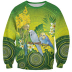 Personalised Budgerigar Australia and Golden Wattle Sweatshirt Budgie Aboriginal Art