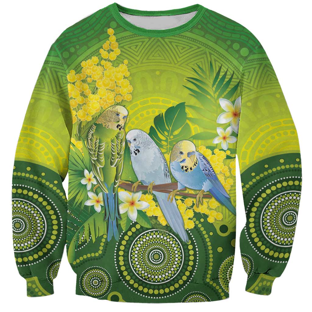 Personalised Budgerigar Australia and Golden Wattle Sweatshirt Budgie Aboriginal Art