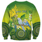 Personalised Budgerigar Australia and Golden Wattle Sweatshirt Budgie Aboriginal Art