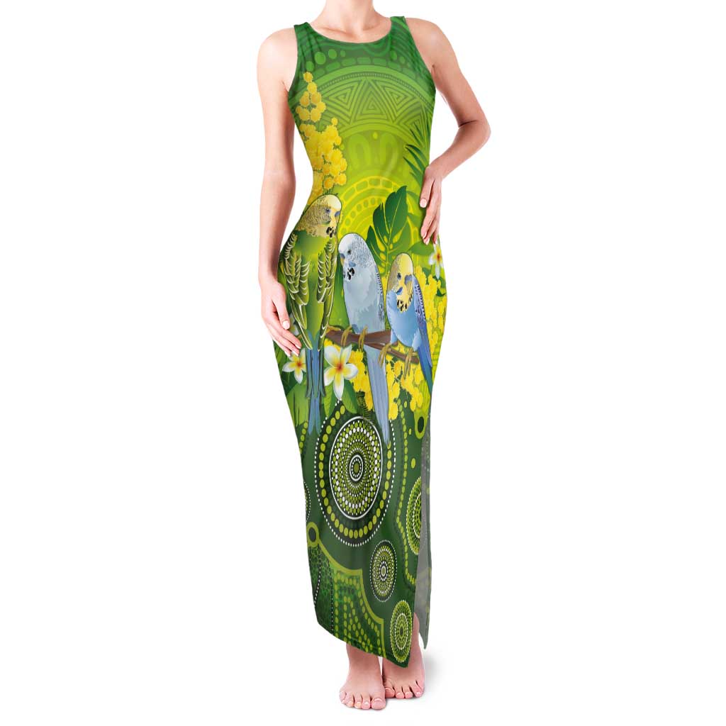 Personalised Budgerigar Australia and Golden Wattle Tank Maxi Dress Budgie Aboriginal Art