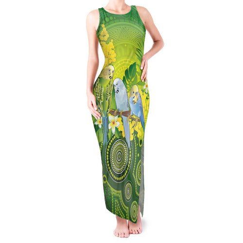 Personalised Budgerigar Australia and Golden Wattle Tank Maxi Dress Budgie Aboriginal Art