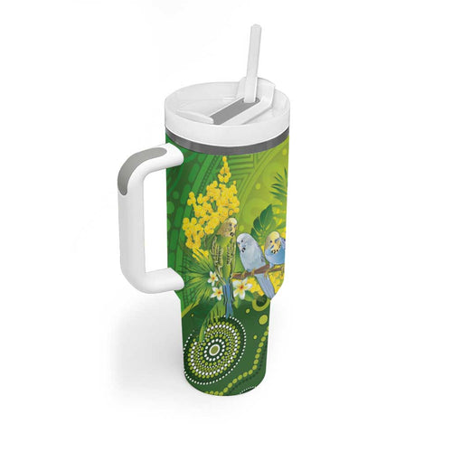 Personalised Budgerigar Australia and Golden Wattle Tumbler With Handle Budgie Aboriginal Art