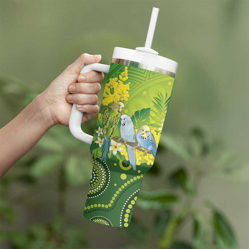 Personalised Budgerigar Australia and Golden Wattle Tumbler With Handle Budgie Aboriginal Art