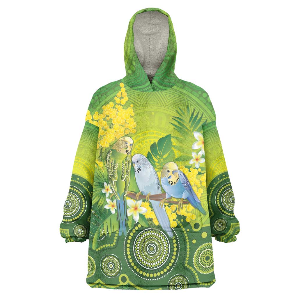 Personalised Budgerigar Australia and Golden Wattle Wearable Blanket Hoodie Budgie Aboriginal Art