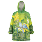 Personalised Budgerigar Australia and Golden Wattle Wearable Blanket Hoodie Budgie Aboriginal Art