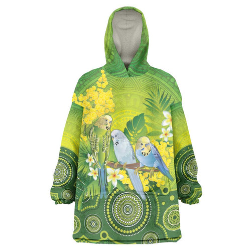 Personalised Budgerigar Australia and Golden Wattle Wearable Blanket Hoodie Budgie Aboriginal Art