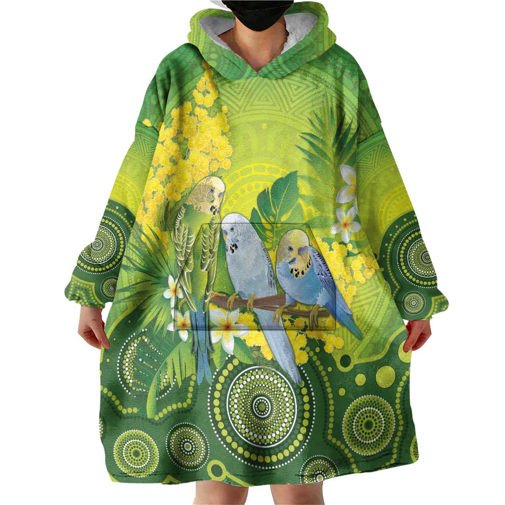 Personalised Budgerigar Australia and Golden Wattle Wearable Blanket Hoodie Budgie Aboriginal Art