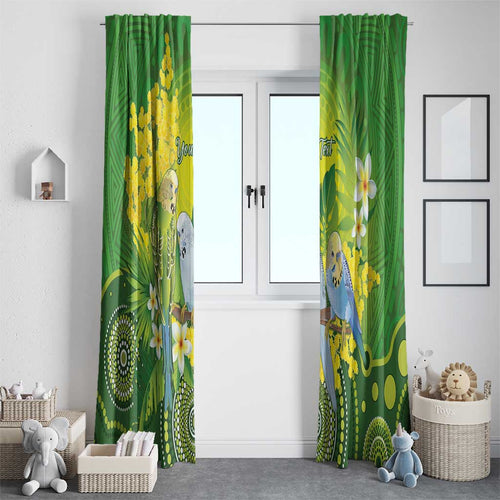 Personalised Budgerigar Australia and Golden Wattle Window Curtain Budgie Aboriginal Art