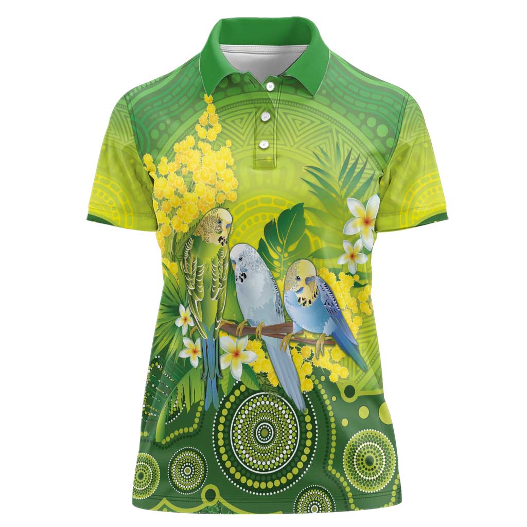 Personalised Budgerigar Australia and Golden Wattle Women Polo Shirt Budgie Aboriginal Art