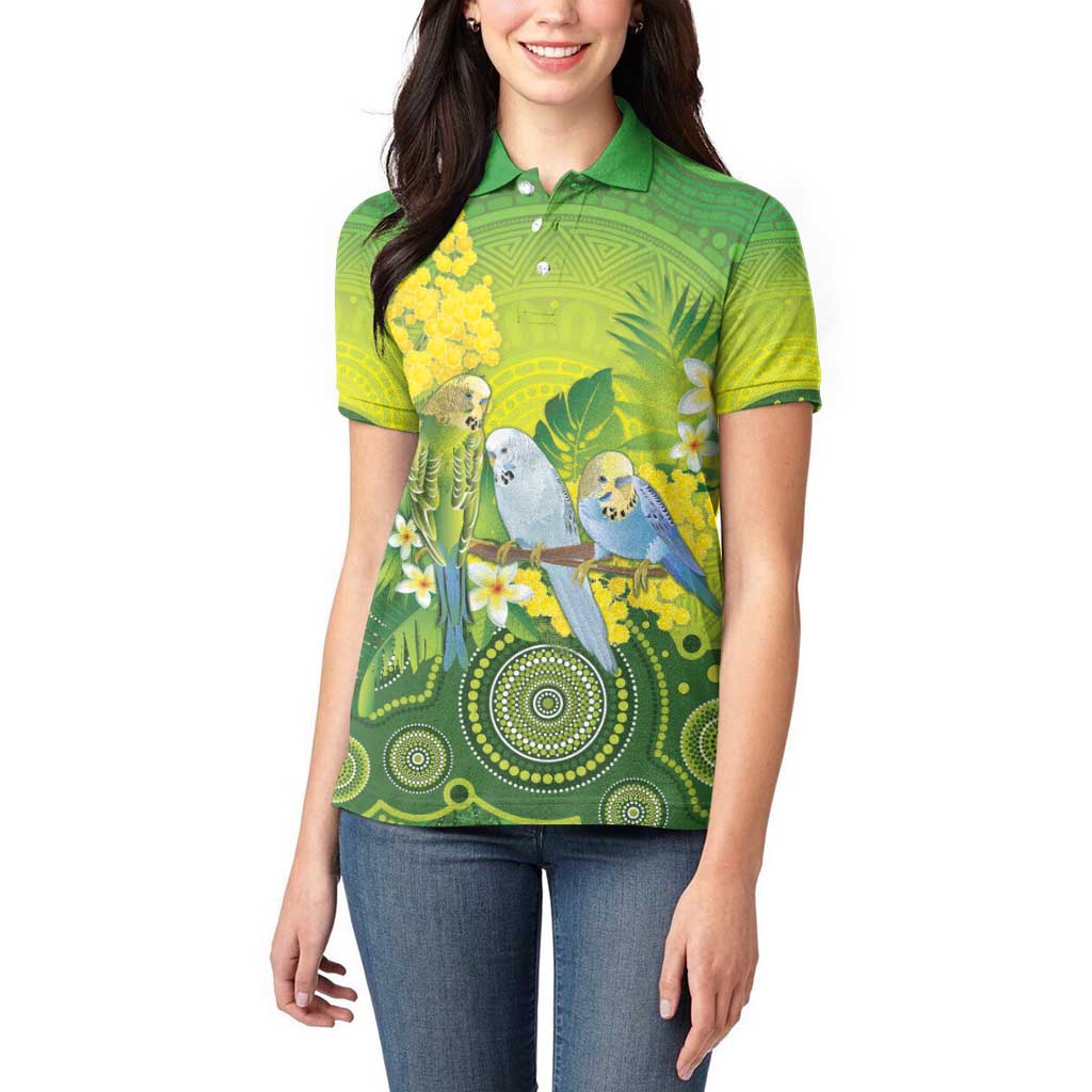 Personalised Budgerigar Australia and Golden Wattle Women Polo Shirt Budgie Aboriginal Art