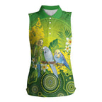Personalised Budgerigar Australia and Golden Wattle Women Sleeveless Polo Shirt Budgie Aboriginal Art