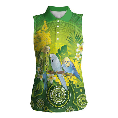 Personalised Budgerigar Australia and Golden Wattle Women Sleeveless Polo Shirt Budgie Aboriginal Art