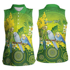 Personalised Budgerigar Australia and Golden Wattle Women Sleeveless Polo Shirt Budgie Aboriginal Art