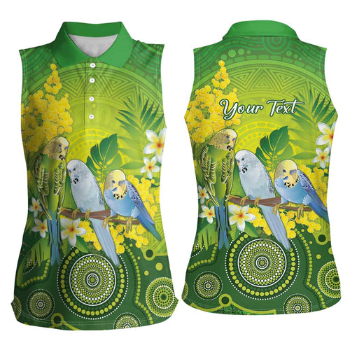 Personalised Budgerigar Australia and Golden Wattle Women Sleeveless Polo Shirt Budgie Aboriginal Art