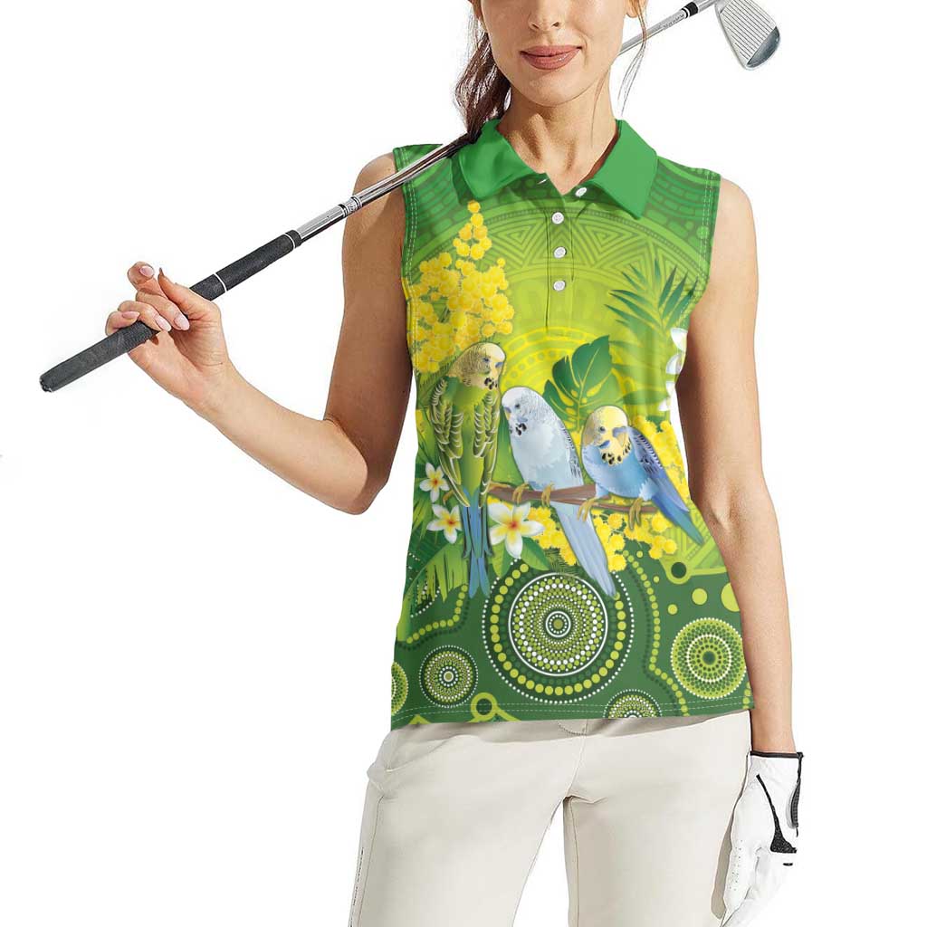 Personalised Budgerigar Australia and Golden Wattle Women Sleeveless Polo Shirt Budgie Aboriginal Art