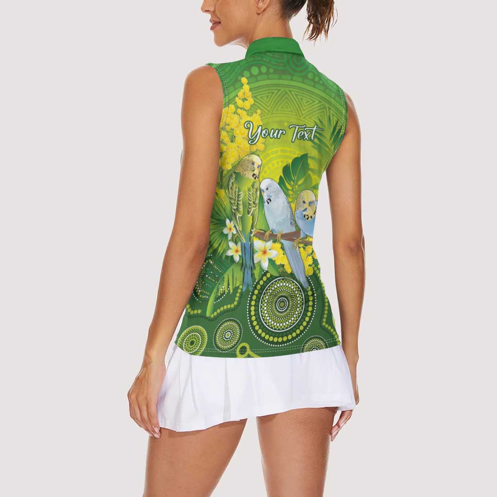Personalised Budgerigar Australia and Golden Wattle Women Sleeveless Polo Shirt Budgie Aboriginal Art