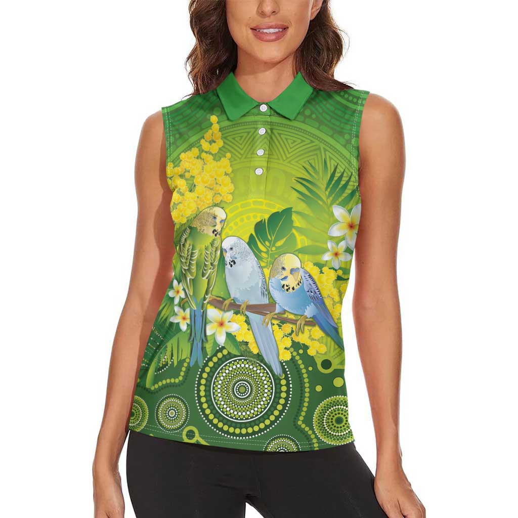 Personalised Budgerigar Australia and Golden Wattle Women Sleeveless Polo Shirt Budgie Aboriginal Art
