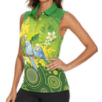 Personalised Budgerigar Australia and Golden Wattle Women Sleeveless Polo Shirt Budgie Aboriginal Art