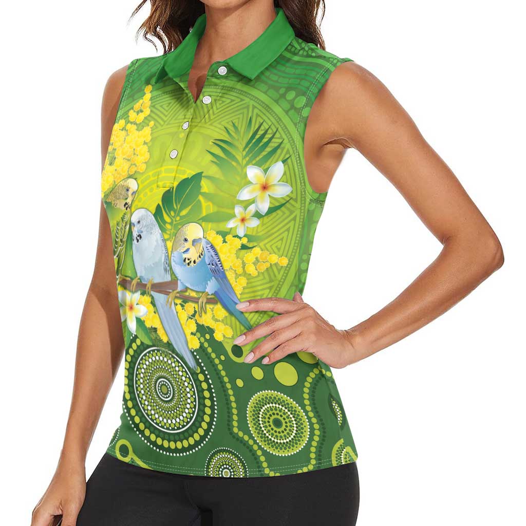 Personalised Budgerigar Australia and Golden Wattle Women Sleeveless Polo Shirt Budgie Aboriginal Art