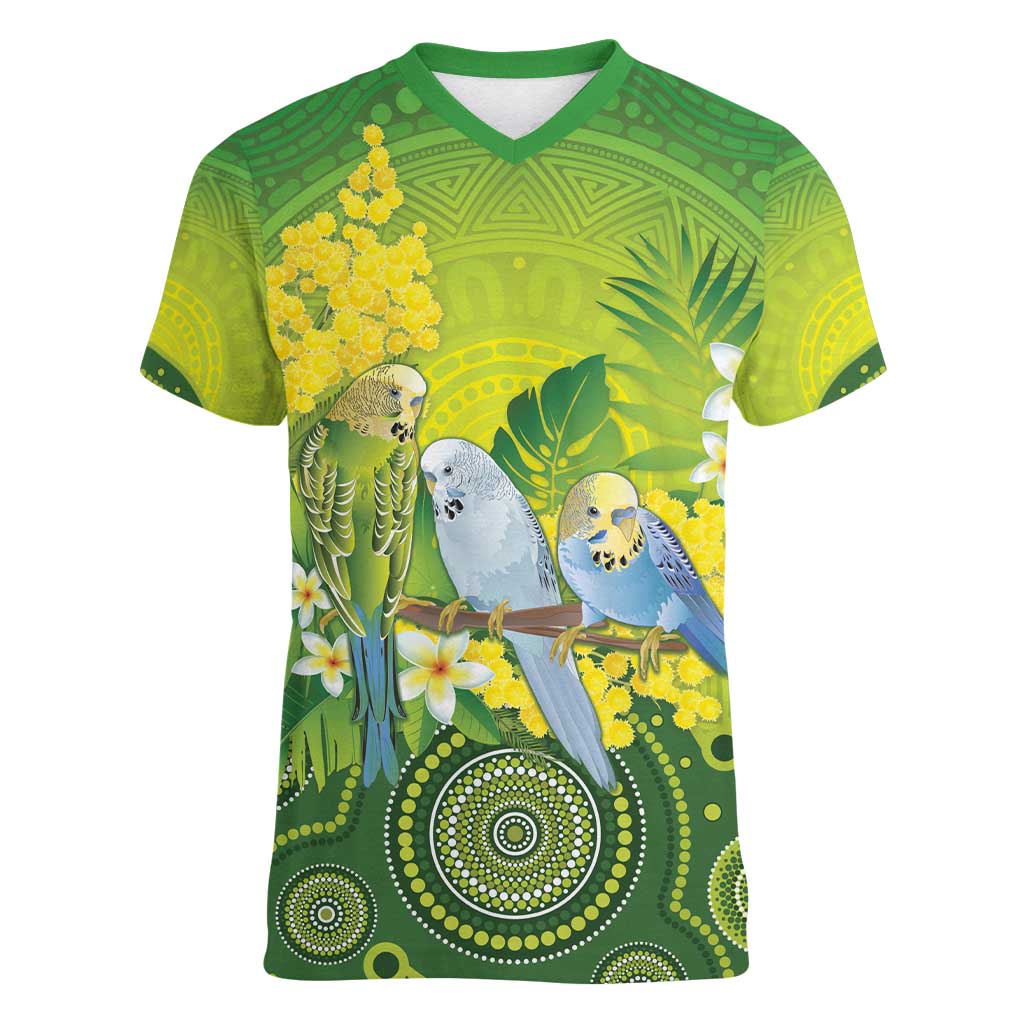 Personalised Budgerigar Australia and Golden Wattle Women V-Neck T-Shirt Budgie Aboriginal Art