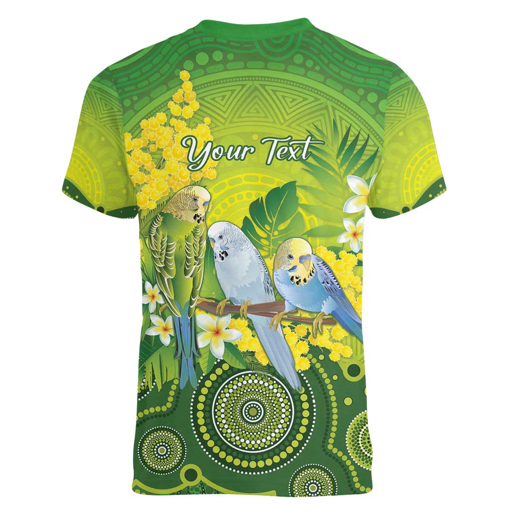 Personalised Budgerigar Australia and Golden Wattle Women V-Neck T-Shirt Budgie Aboriginal Art