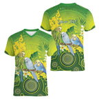 Personalised Budgerigar Australia and Golden Wattle Women V-Neck T-Shirt Budgie Aboriginal Art