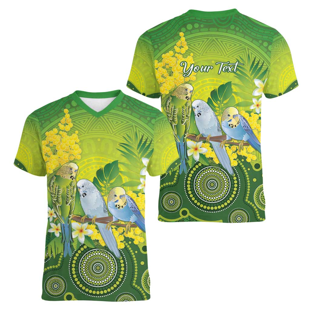 Personalised Budgerigar Australia and Golden Wattle Women V-Neck T-Shirt Budgie Aboriginal Art