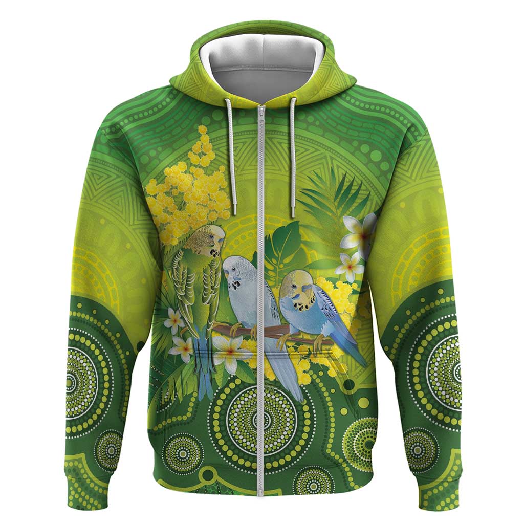 Personalised Budgerigar Australia and Golden Wattle Zip Hoodie Budgie Aboriginal Art