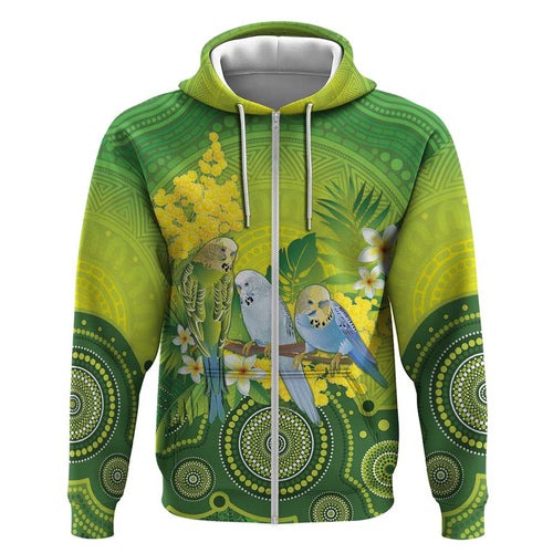 Personalised Budgerigar Australia and Golden Wattle Zip Hoodie Budgie Aboriginal Art